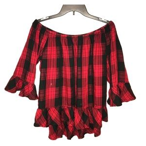 Black red flannel off the shoulder